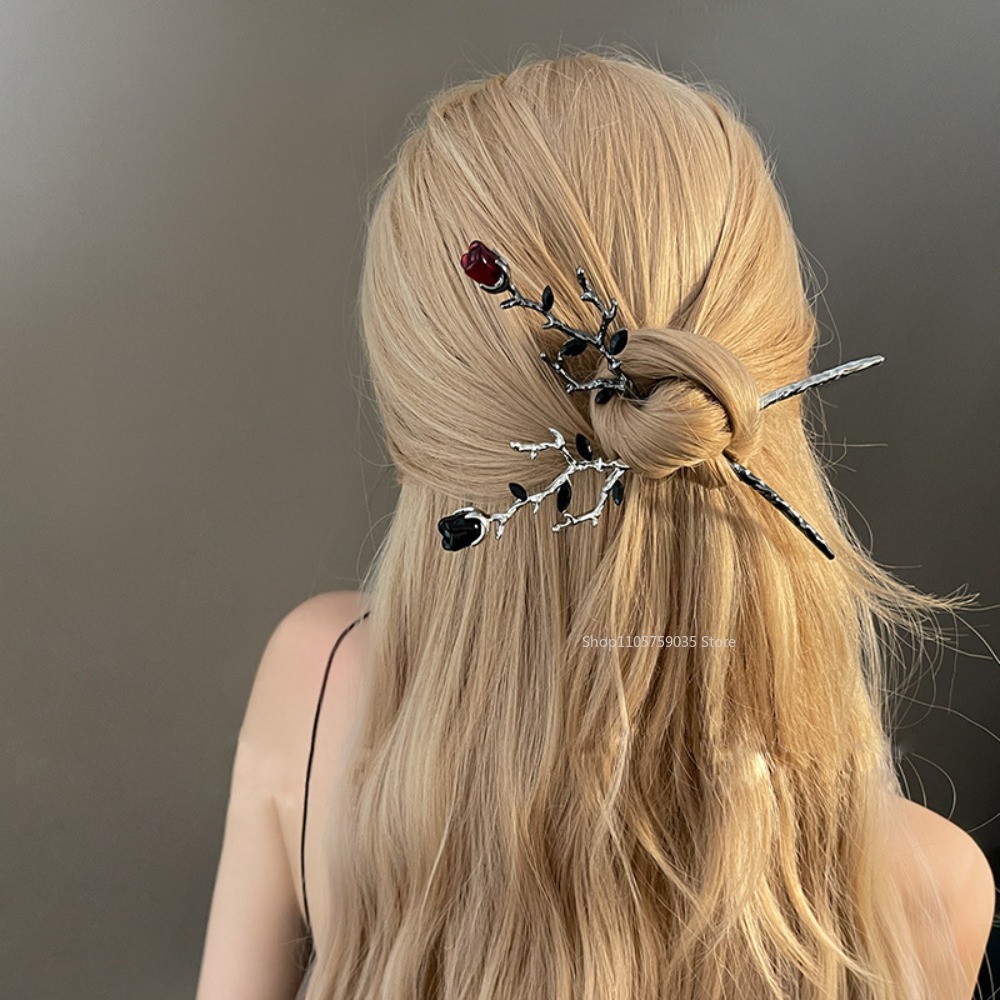 Hair Fork Stick - Vintage Metal Red Rose Flower Hairpins